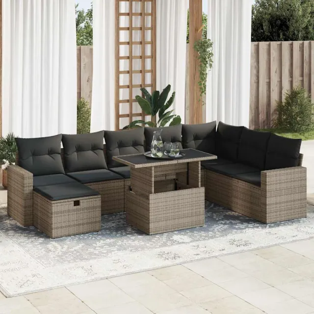vidaXL 9-delige Loungeset met kussens poly rattan grijs, foto 2