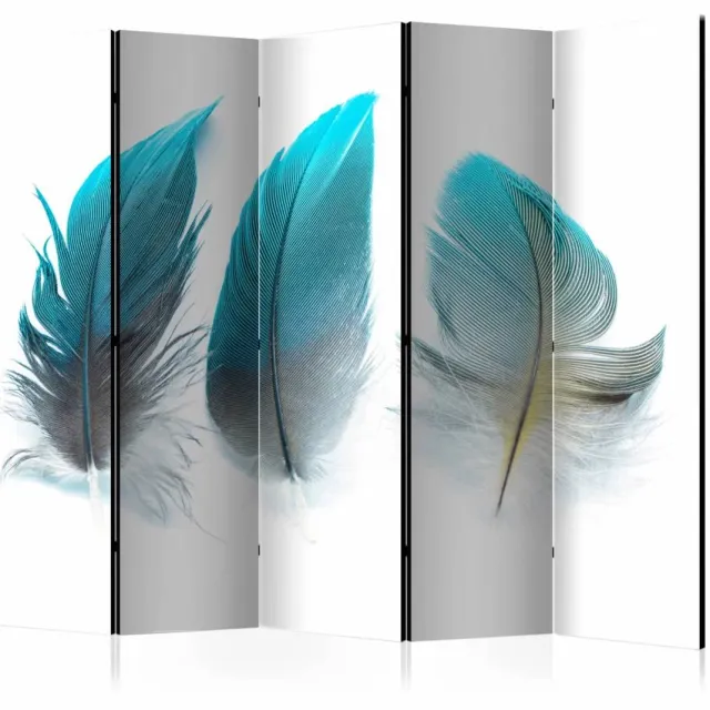 karo-art Vouwscherm / Kamerscherm - Blauwe veren 225x172cm , gemonteerd geleverd, dubbelzijdig geprint Multikleur