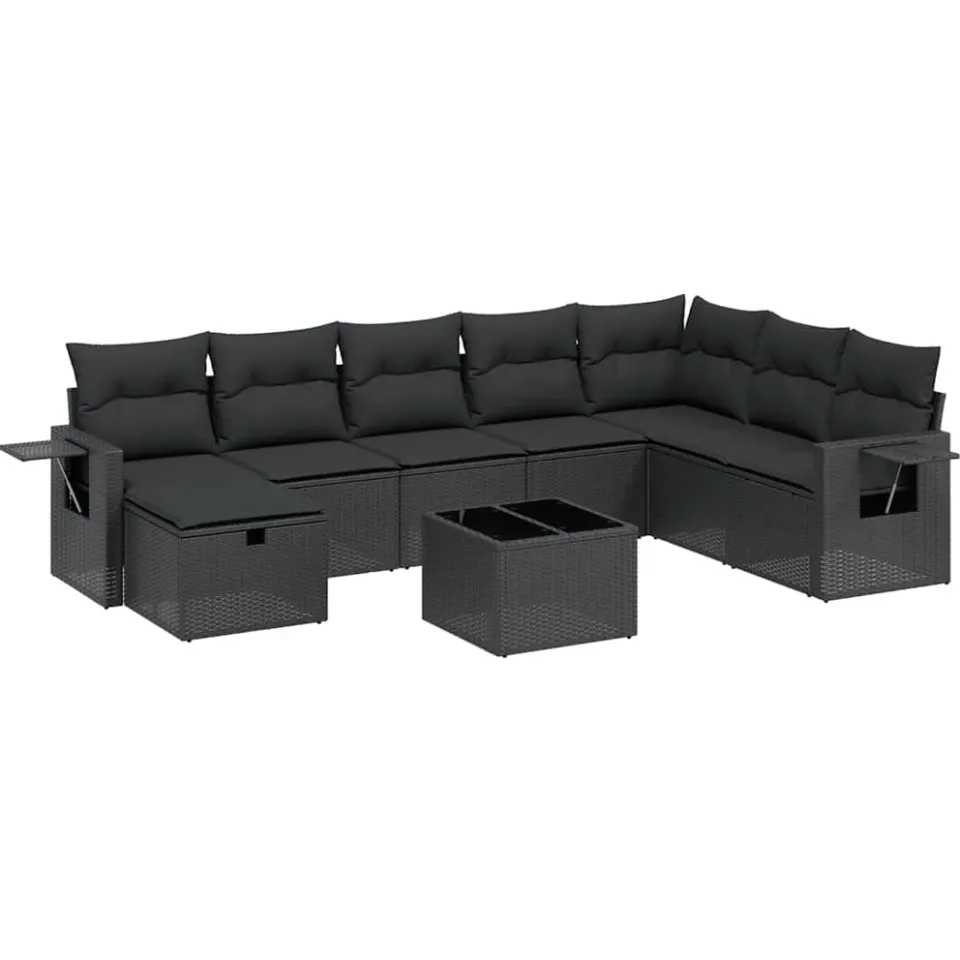vidaXL 9-delige Loungeset met kussens poly rattan zwart