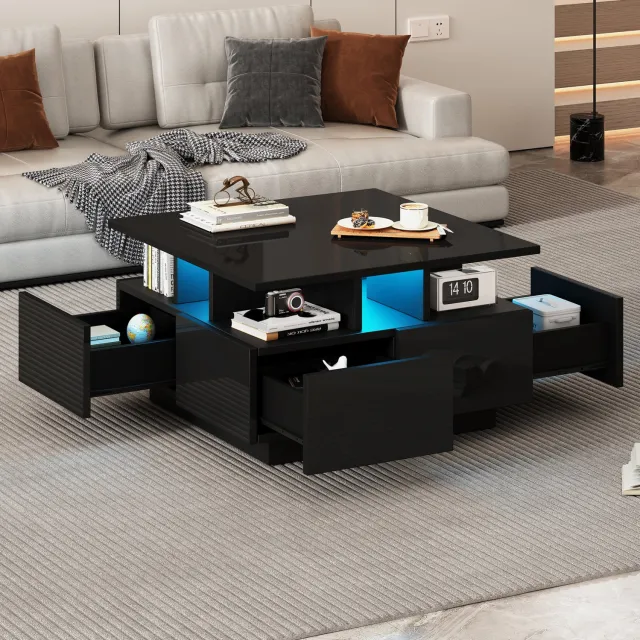 WUVRIE Salontafel 70x70x40 cm - 4 lades, LED-verlichting en open vak - Zwart