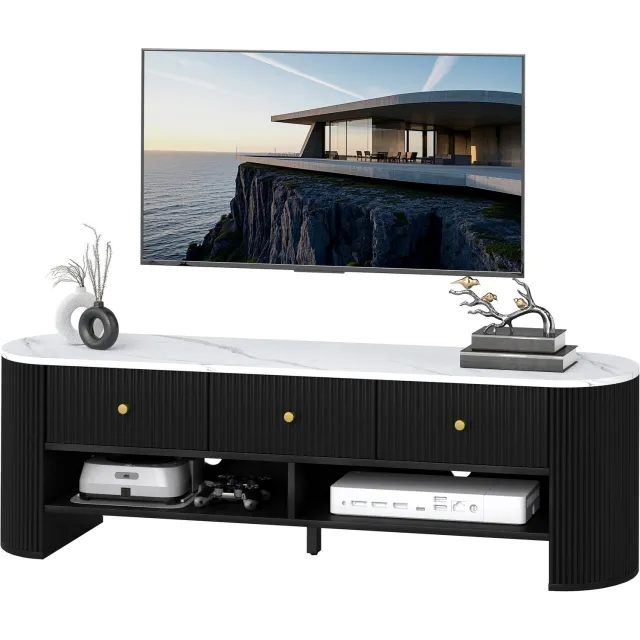 Lunpog TV-meubel 140 cm - tv-meubel voor een 65-inch televisie met marmerlook - 3 lades met geribbelde fronten en 2 zwarte planken