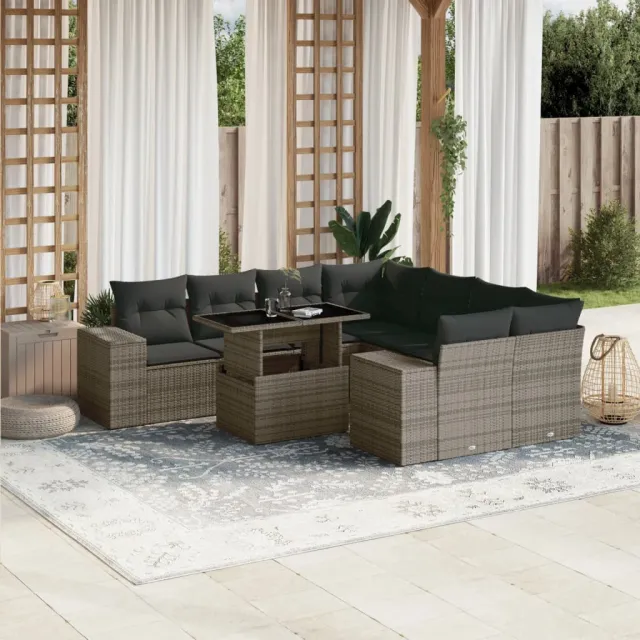 vidaXL 9-delige Loungeset met kussens poly rattan grijs, foto 2