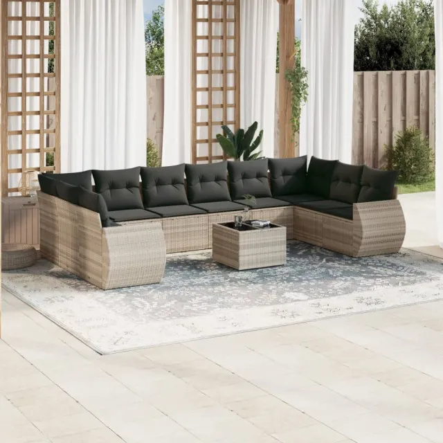 vidaXL 11-delige Loungeset met kussens poly rattan lichtgrijs grijs, foto 2