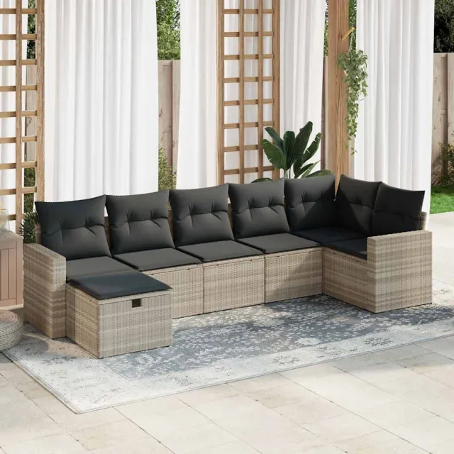 vidaXL 7-delige Loungeset met kussens poly rattan lichtgrijs grijs, foto 2