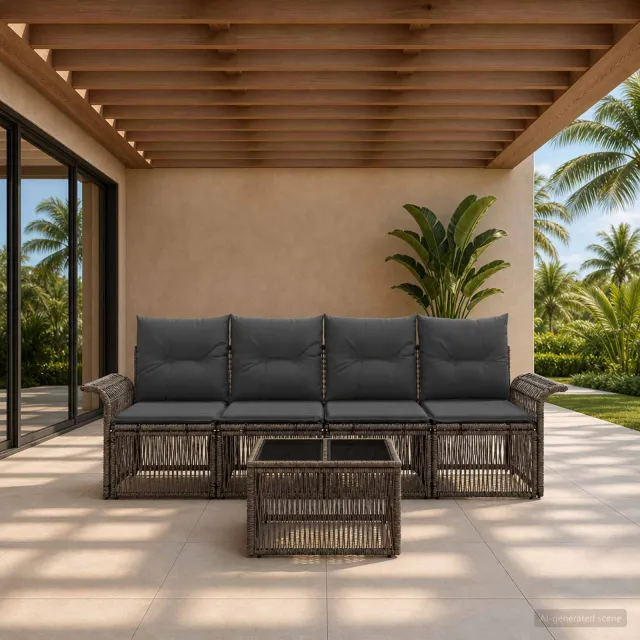 vidaXL Tuinbankenset 5 st 4-zits Grijs poly rattan, foto 2