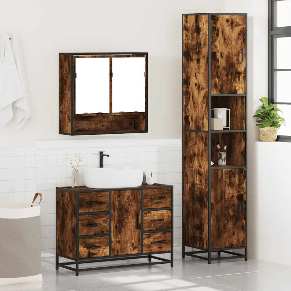 vidaXL 3-delige Badkamermeubelset bewerkt hout gerookt eikenkleurig, foto 4