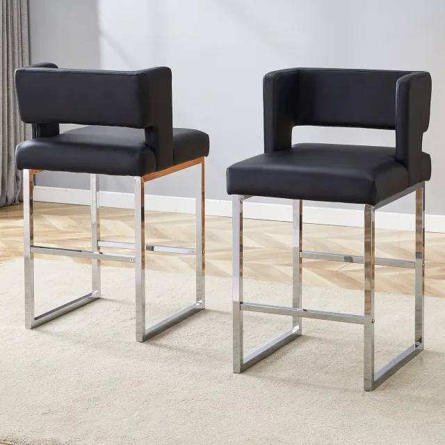 DantefHandels Barkrukken Set van 2, Scandinavische Stijl, Vierkant Design, Zwarte Zitting, Zilverkleurige Metalen Poten, Scandinavisch design, geschikt voor keuken, kookeiland, bartafel en café zwart+zilver