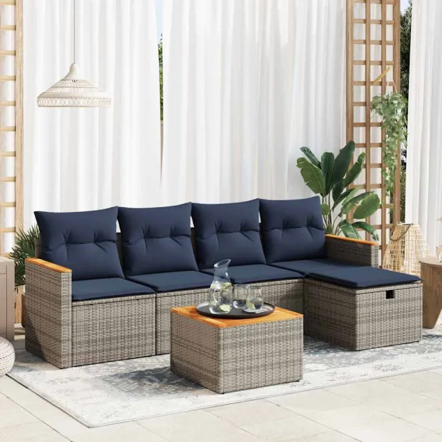 vidaXL 6-delige Loungeset met kussens poly rattan grijs, foto 2