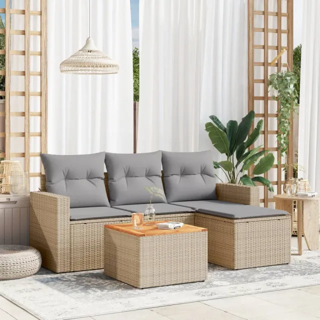 vidaXL 5-delige Loungeset met kussens poly rattan beige, foto 2