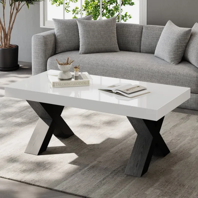 HAUSS SPOLE Salontafel - Hoogglans Rechthoekig Tafelblad Met X-Poten - Voor Woonkamer Balkon En Slaapkamer - MDF - 100x50x40 Cm - Wit Zwart