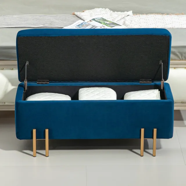 WUVRIE Opbergbank 100 x 40 x 42 cm - Gestoffeerd met opbergruimte en metalen poten - Blauw