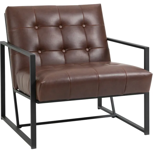 Lunpog Chesterfield-fauteuil voor de woonkamer, relaxstoel, Zacht gevulde zitkussens en rugleuningen relaxstoel voor woonkamer, slaapkamer, Metalen frame, zwart kunstleer, chocoladebruin Marron