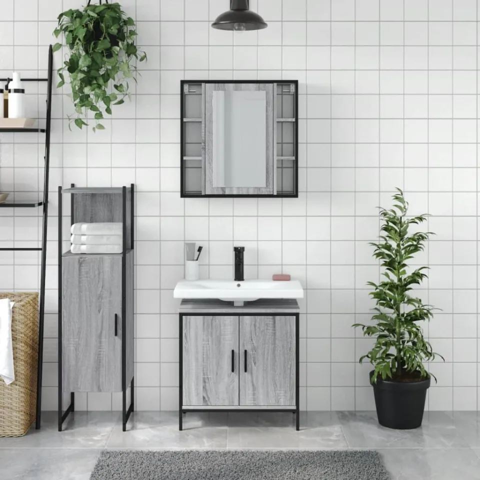vidaXL 3-delige Badkamermeubelset bewerkt hout grijs sonoma eikenkleur, foto 2