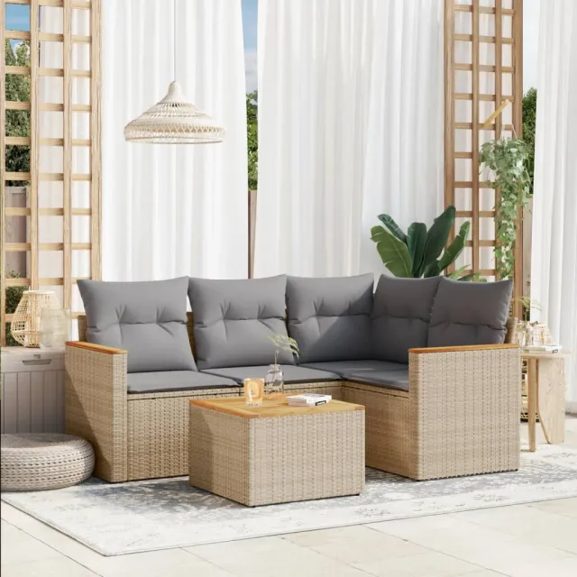 vidaXL 5-delige Loungeset met kussens poly rattan gemengd beige, foto 2