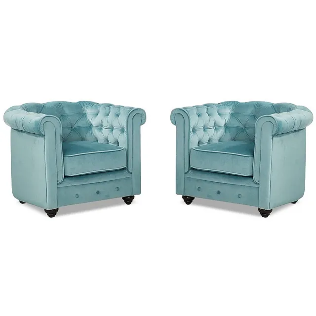 Vente-unique Set van 2 fauteuils CHESTERFIELD - velours - pastelblauw Blauwe lucht