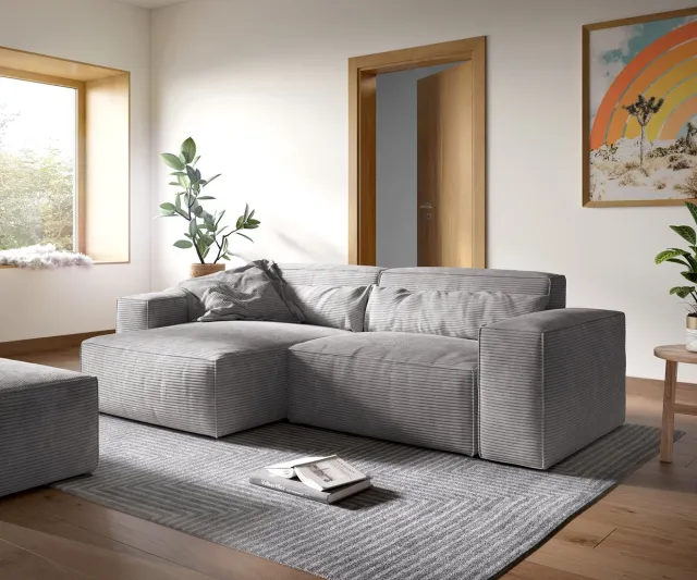 DELIFE Hoekbank Sirpio XL 270x170 cm koord Zilvergrijs recamiere variabel met kruk silbergrau