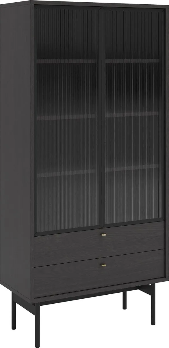 Selsey OLAR - Hoge vitrinekast met vier planken en twee lades - 85 cm - Zwart Portland essenhout