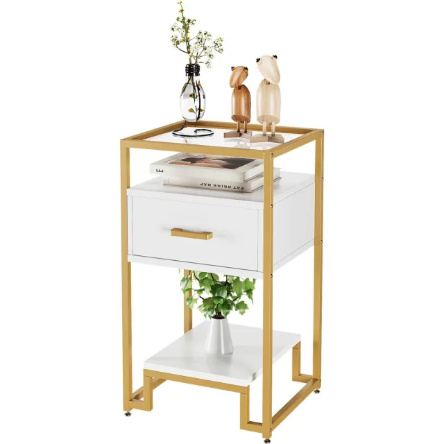 Danky Nachtkastje 3-Laags Met Lade En Glazen Blad - 40x40x78 cm - Wit Bord met Gouden Lijst