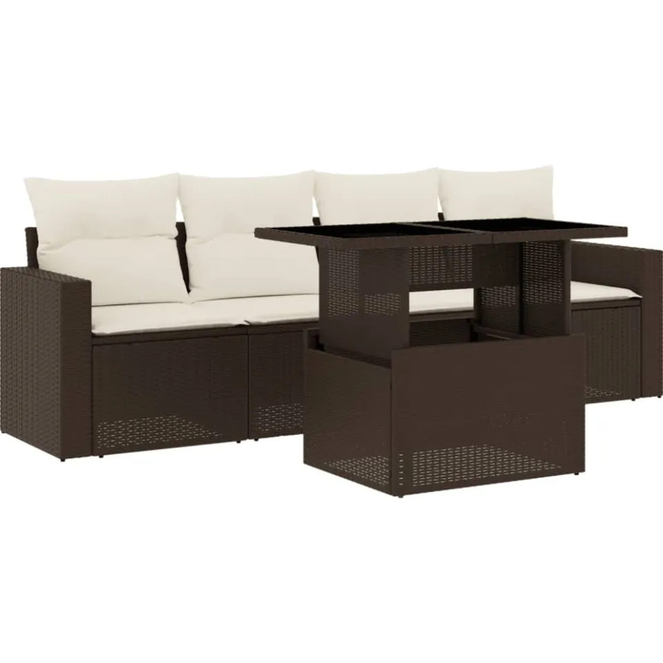 vidaXL 5-delige Loungeset met kussens poly rattan bruin, foto 3