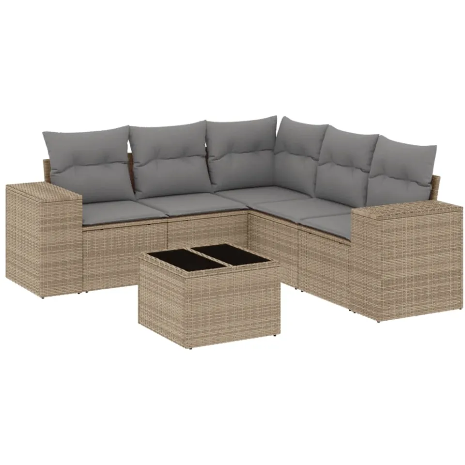 vidaXL 6-delige Loungeset met kussens poly rattan beige