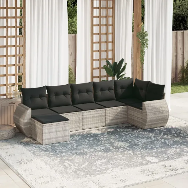 vidaXL 7-delige Loungeset met kussens poly rattan lichtgrijs grijs, foto 2