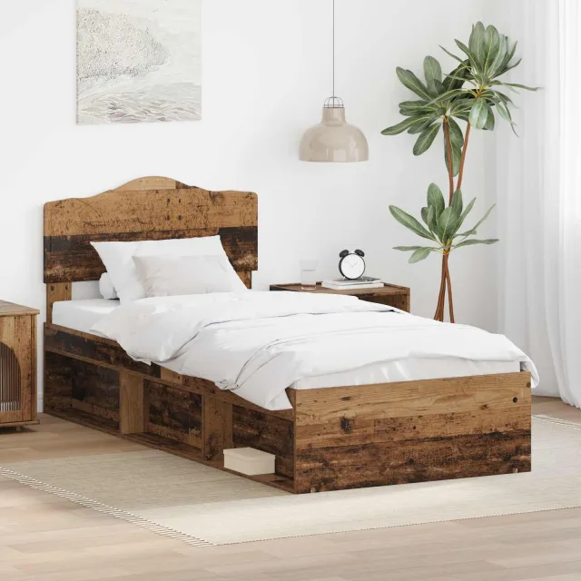 vidaXL Bedframe met hoofdeinde Oudhout 90 x 200 cm Massief grenenhout Bruin