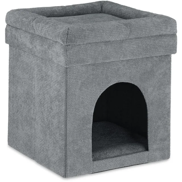 Famanu Opvouwbare kattenmand poef, holletje voor katten en kleine honden, stoffen hocker, 42 x 38 x 38 cm, grijs