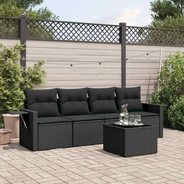 vidaXL 5-delige Loungeset met kussens poly rattan zwart, foto 2