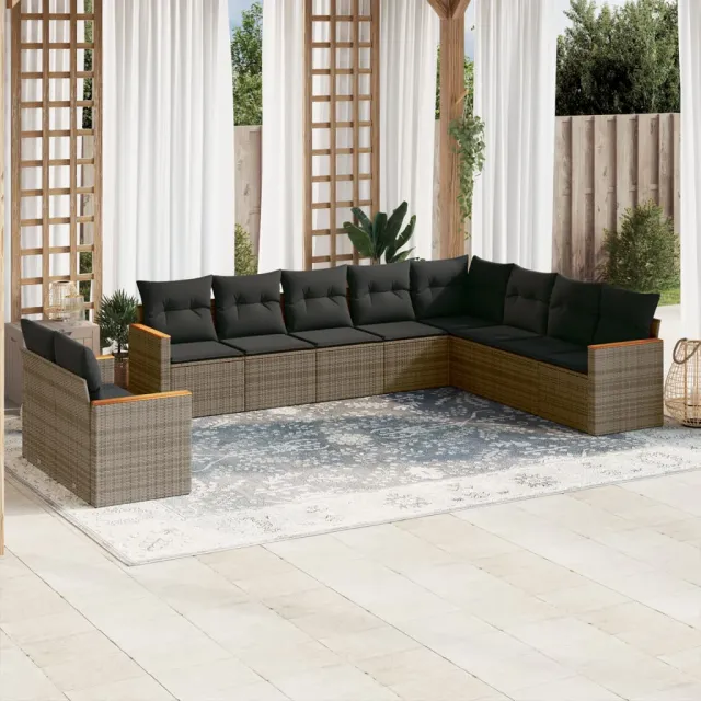 vidaXL 10-delige Loungeset met kussens poly rattan grijs, foto 2