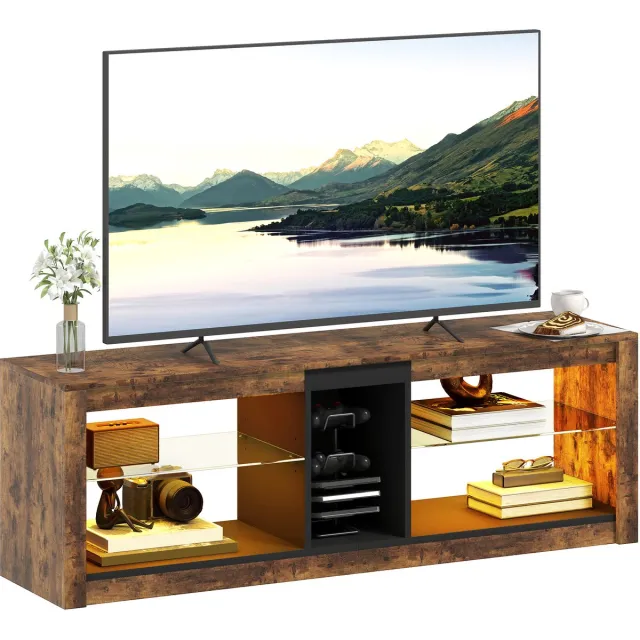 sogiol TV-meubel met LED-verlichting en afstandsbediening - planken en open vakken - 140x35x47cm - bruin