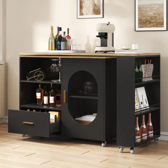 MIVRAY Keukeneiland - Draaibaar Werkblad Met Opbergruimte En Wielen - Voor Keuken En Eethoek - MDF - 120 Tot 180 x 60 x 90 Cm - Naturel Zwart
