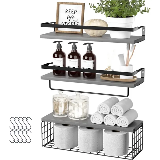 Kaëru Wandplanken - Set van 3 - Boekenplank - Met metalen frame - Met 10 haken - Draagvermogen 10 kg per plank - 42x15.5cm - Houten planken - Badkamer, keuken, woonkamer - Grijs hout
