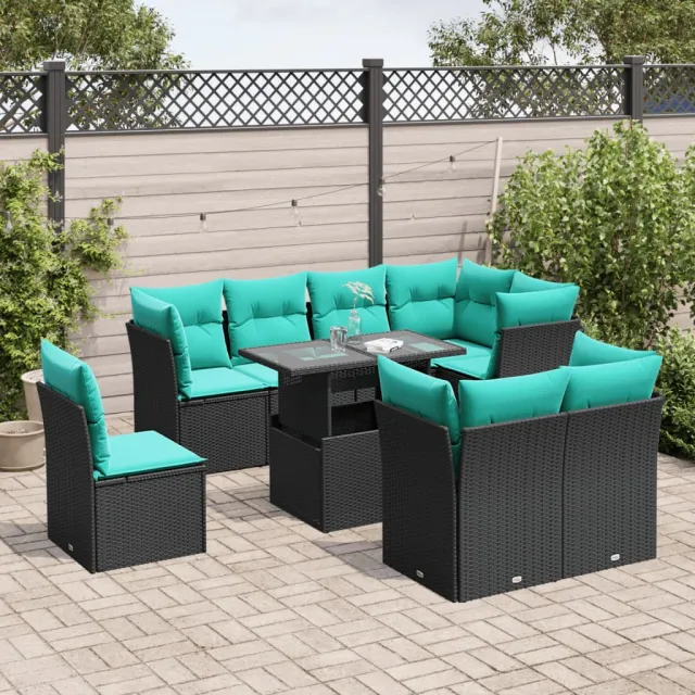 vidaXL 9-delige tuinbankset met kussens van zwart polyrotan, foto 2