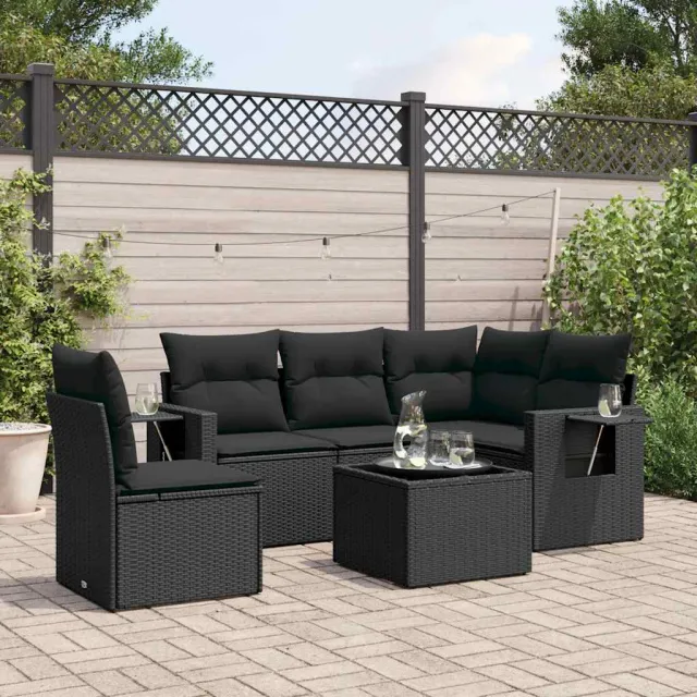vidaXL 6-delige Loungeset met kussens poly rattan zwart, foto 2