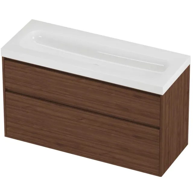 Proline Haga Badmeubelset Polystone Mezza 2 Laden 120x46x73 cm Glans Wit Indian Walnut Houtlook