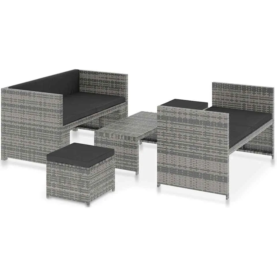 vidaXL 5-delige Loungeset met kussens poly rattan grijs, foto 3