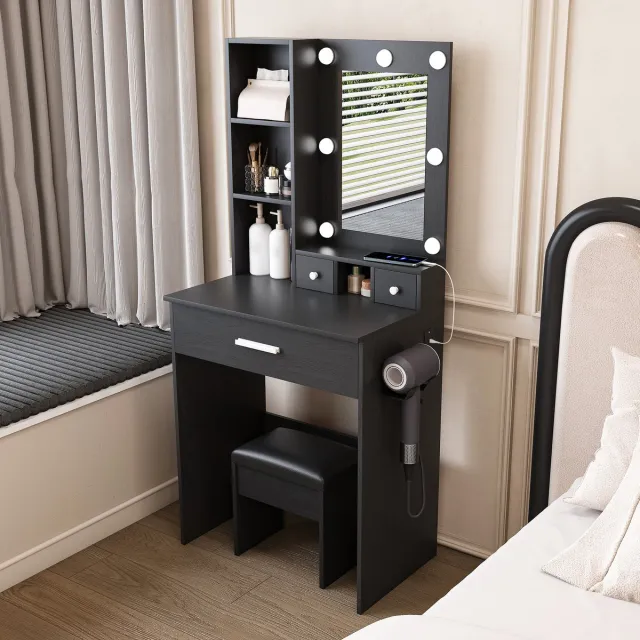 COVREO Kaptafel 60 x 38 x 131,5 cm - zwart MDF, spiegel, LED-verlichting en opbergruimte Black