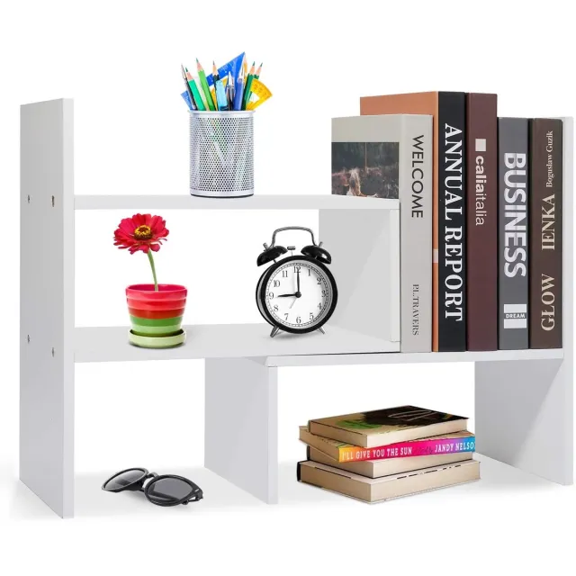 Famanu Houten bureauplank met kleine boekenplank, wit, verstelbare bureau-organizer en boekenkast