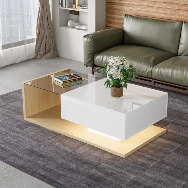 OKWISH Salontafels - Koffietafel Met Lade - LED Beisteltisch - Rechthoekig - Voor Woonkamer En Slaapkamer - 105x55x32,5 cm - Spaanplaat - Wit + Houtkleur