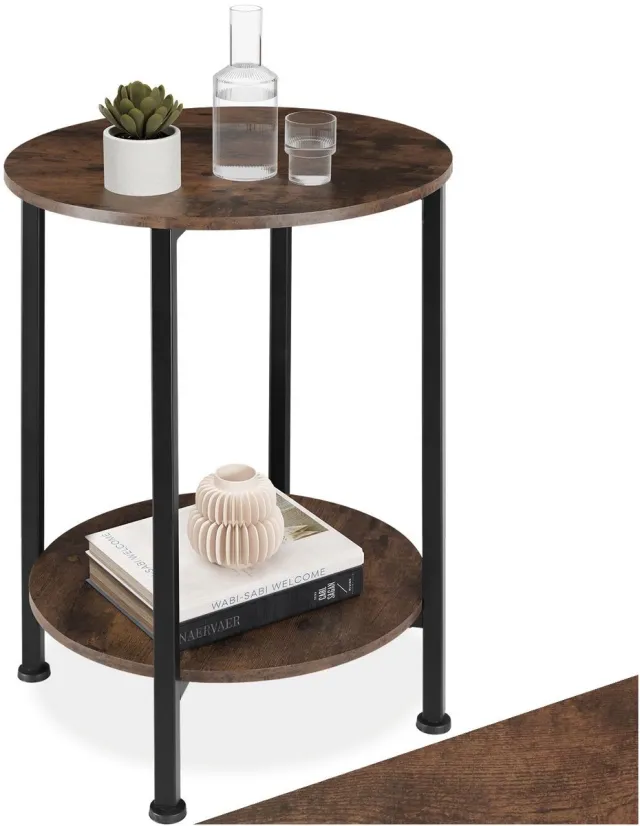 Tectake Ronde Bijzettafel van Hout en Metaal - Industrieel Design, Salontafel met 2 Planken - Voor Woonkamer, Slaapkamer - Diameter 45 x 64 cm - Zwart Metalen Frame - (Industrieel Donkerbruin) Donkerbruin - Rustiek