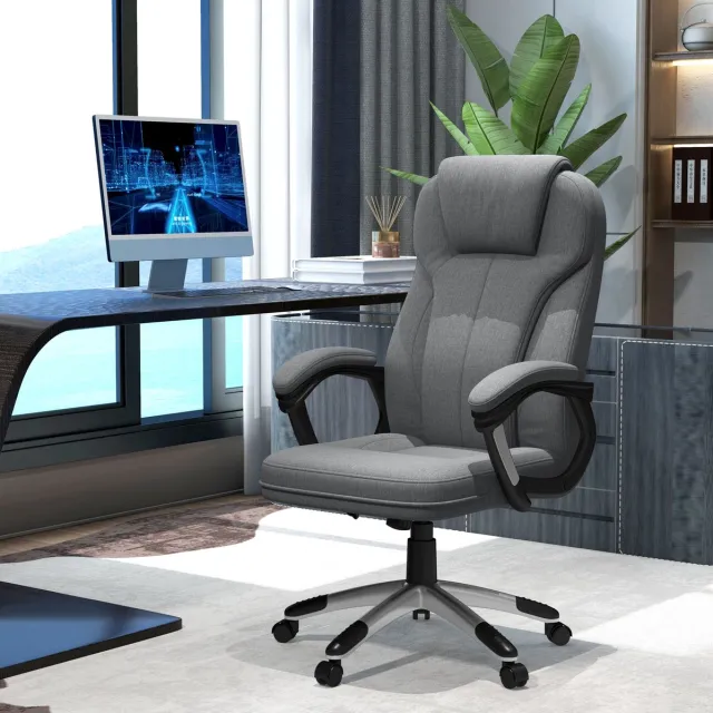 DESMIU Bureaustoel 66 x 75 x 110-120 cm - Ergonomisch Met Hoofdsteun, Wipfunctie En Vaste Armleuningen - Voor Kantoor En Thuiswerkplek - Grijs Linnen