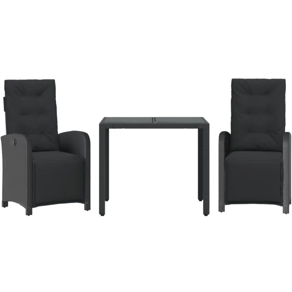 vidaXL 3-delige Bistroset met kussens poly rattan zwart, foto 3