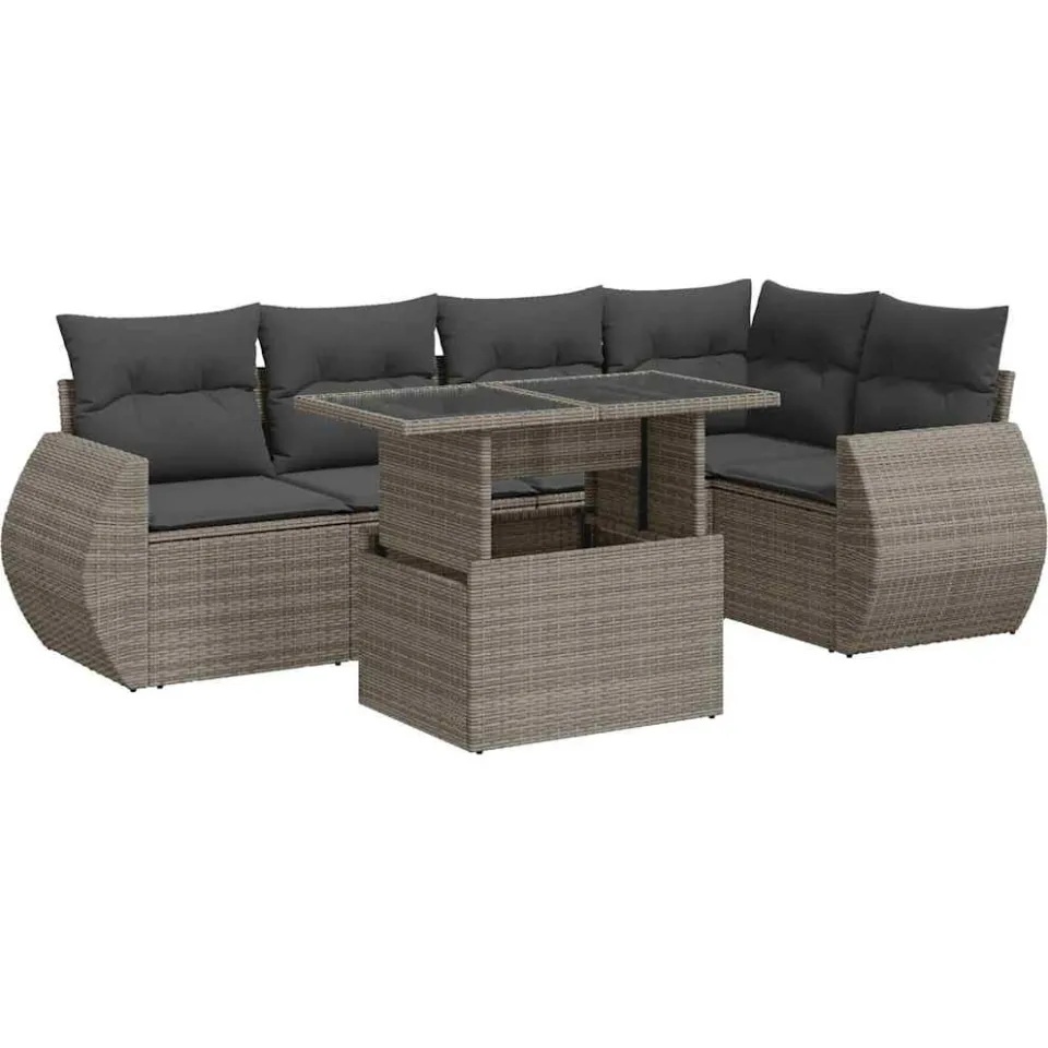 vidaXL 6-delige Loungeset met kussens poly rattan grijs, foto 3