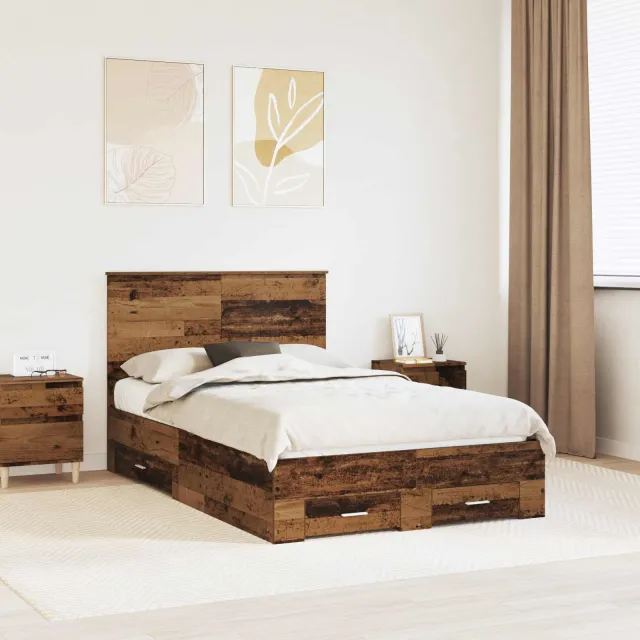 vidaXL Bedframe met lade met opslag Oudhout 120 x 190 cm Bewerkt hout Bruin