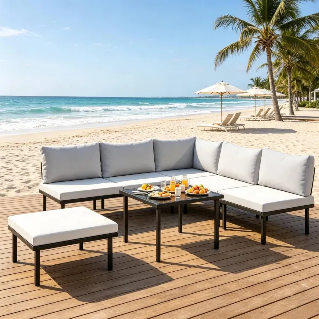 MODENUIT Modulaire Hoekloungeset – 5 Zitplaatsen Met Tafel – 116 x 60,5 x 64 cm – Metaal en Glas – Zwart en Lichtgrijs
