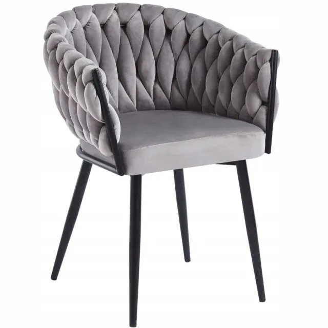 Furnitex Riviera 91 - Eetkamerstoel - Grijs fluweel - Gevlochten rugleuning - Zwart metalen frame Grijs;Zwart