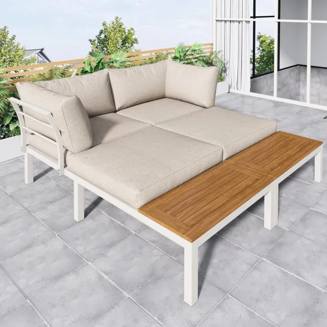 Laura Tuin Loungeset 2-zits met Tafel 120x60x66 cm – Modulair Acaciahout en Verzinkt Staal – Comfortabele Beige Bank voor Terras, Tuin en Serre – Laura