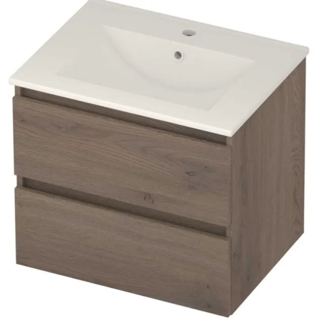 Basic-Line Coach 46 Badmeubelset Porselein 1 Kraangat Greeploos 60x46x54 cm Dusk Oak Glans Wit