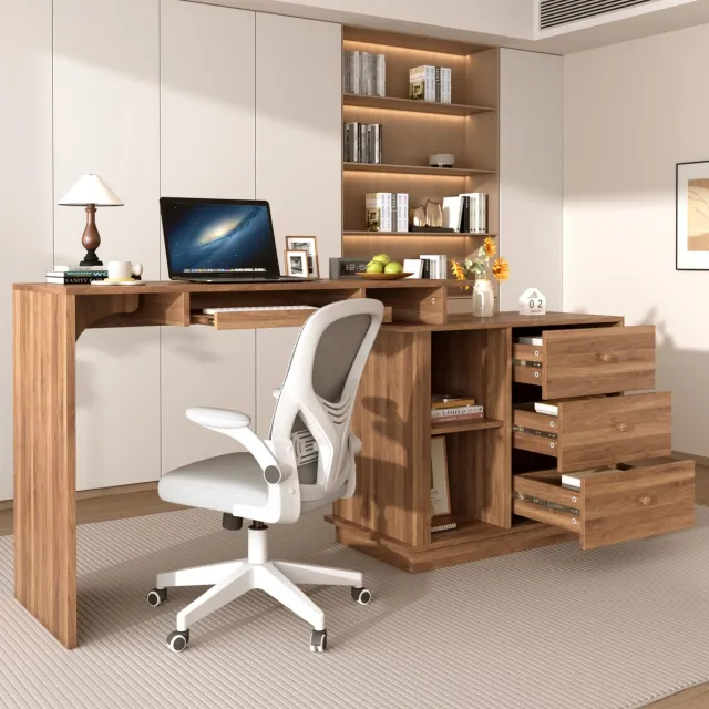 REDOM Multifunctioneel computerbureau - Uitschuifbaar tafelblad - Verborgen toetsenbordlade - Opbergkast met 3 lades - MDF - Walnoot - 110 x 40 x 75.5 cm