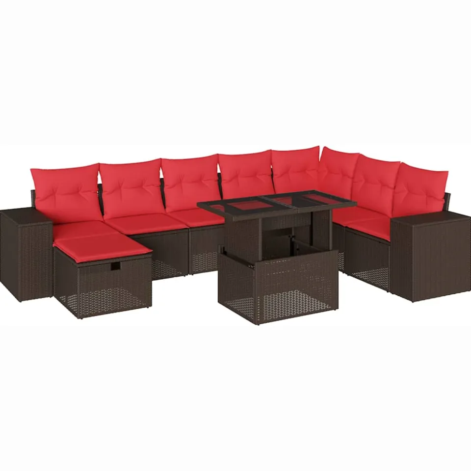 vidaXL 9-delige tuinbankset met kussens, bruin polyrotan